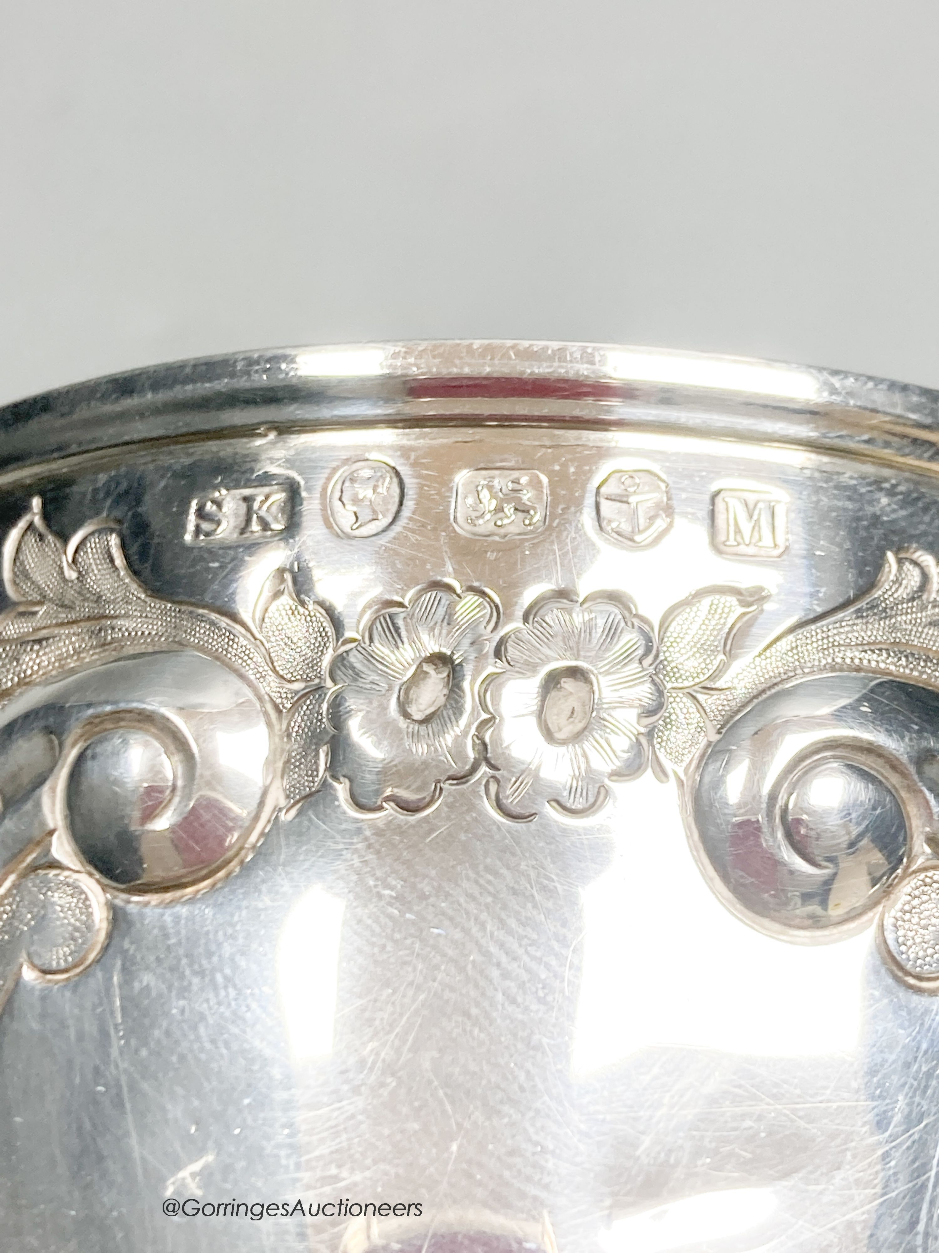 A Victorian embossed silver goblet, Samuel Keeley, Birmingham, 1861, height 16.9cm, 9oz.